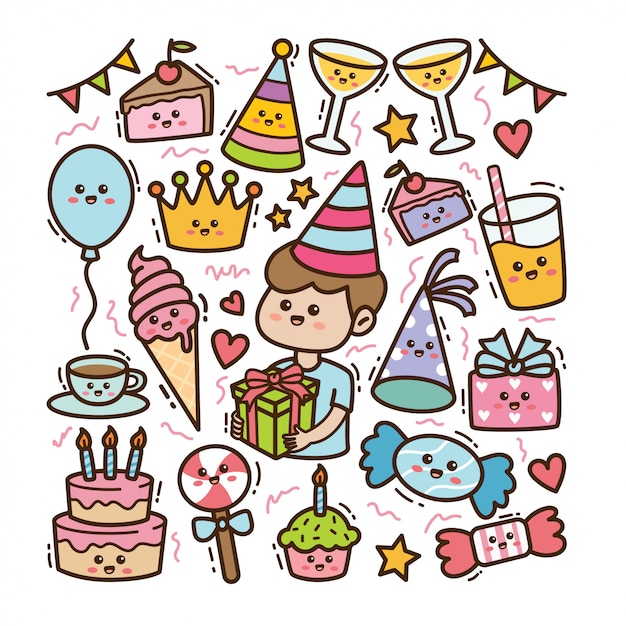 Aniversário dos desenhos animados e elementos de festa em kawaii doodle ilustração