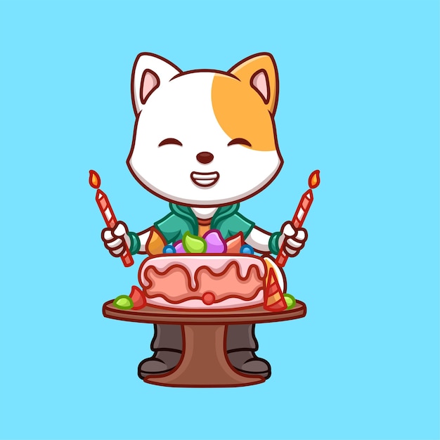 Aniversário gato branco personagem de desenho animado