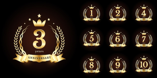 Aniversário número de luxo dourado emblema logotipo símbolo conjunto de distintivos gráficos vetoriais