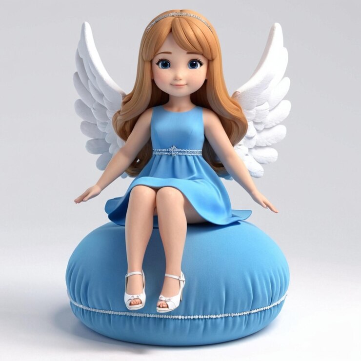 Vetor anjo bonito com cabelo vestindo um vestido azul sentado em uma almofada azul