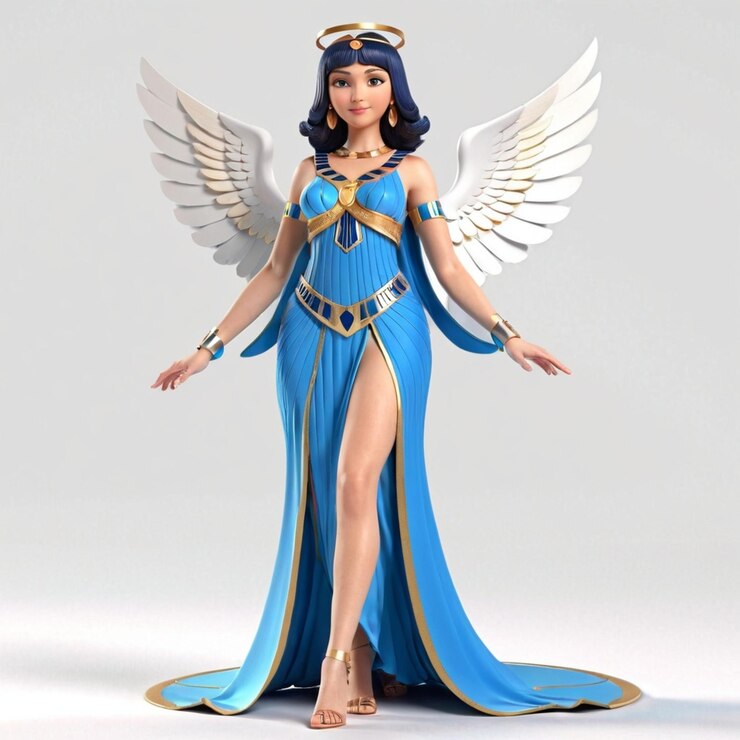 Vetor anjo cleópatra vestindo vestido azul corpo humano completo fundo branco