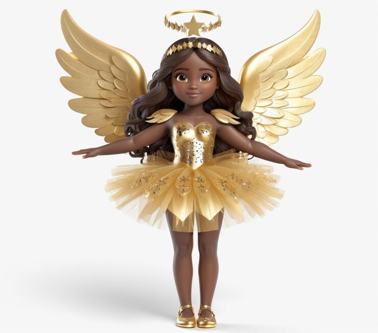 Vetor anjo de pele escura e cabelo longo vestindo um vestido de tutu dourado decorado com motivos de estrelas