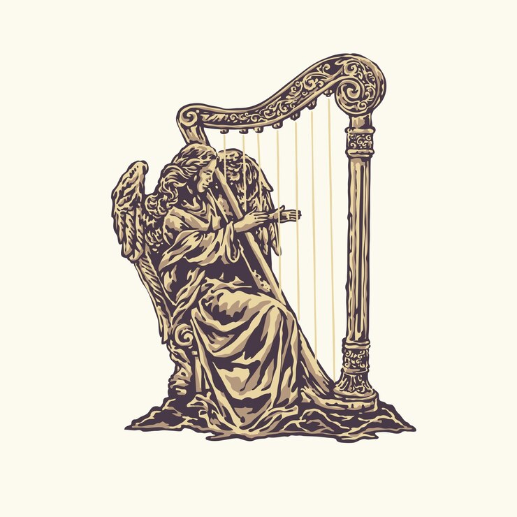Vetor anjo elegante tocou uma harpa com uma ilustração de estilo vintage