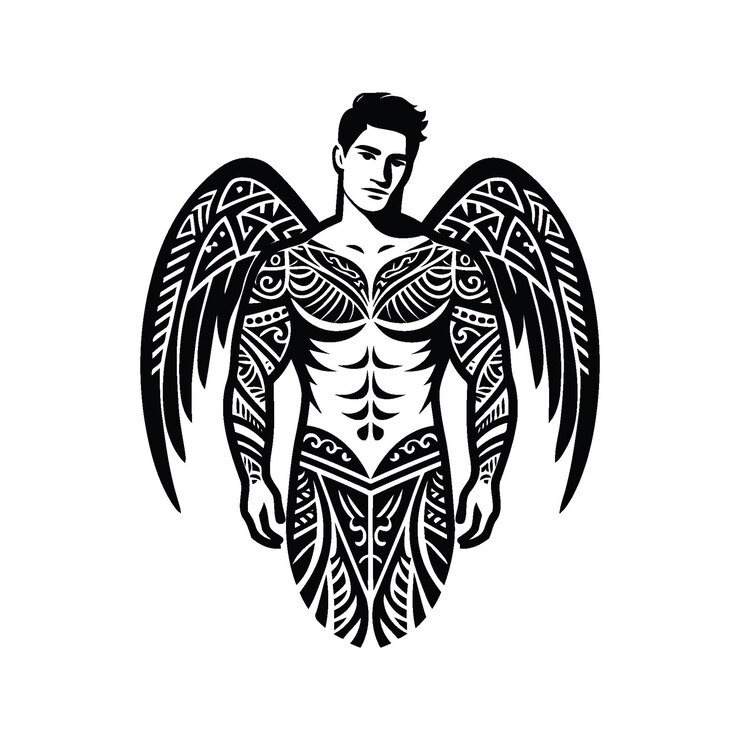 Vetor anjo em silhueta com ilustração de padrão étnico polinês