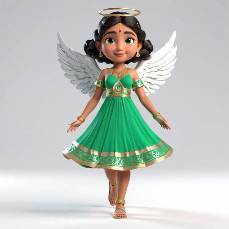 Vetor anjo indiano vestindo vestido verde corpo humano branco fundo