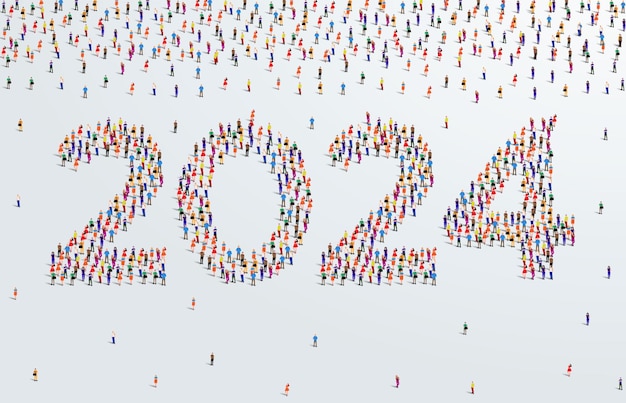 Vetor ano 2024 ou vinte e vinte e quatro grande grupo de pessoas se forma para criar 2024 pessoas fonte ou número