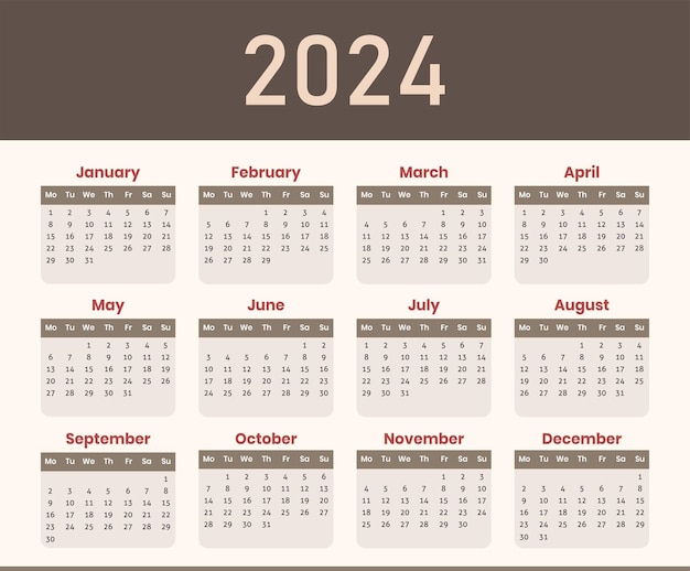 Ano Calendário 2024 Planejamento Calendário A semana começa no domingo Molde com 12 meses Cor marrom