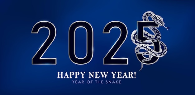 Ano da Cobra bandeira azul de luxo com um réptil prateado tecendo através de um sinal de texto 2025 brilhante e ousado