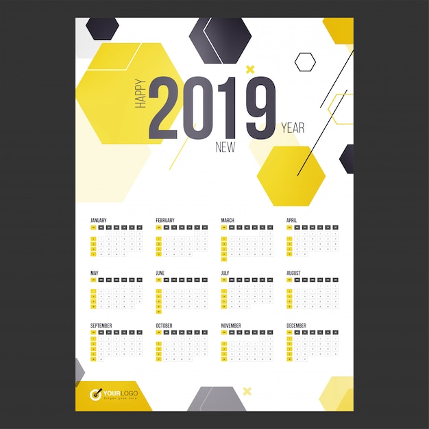 Ano de 2019, calendar design.