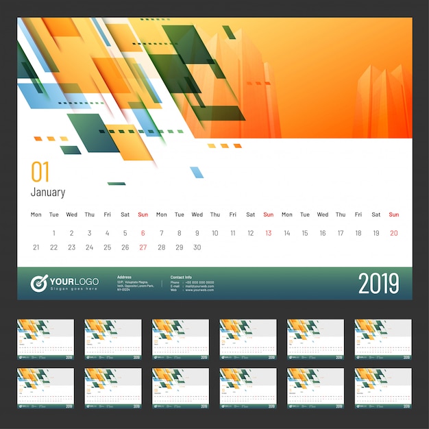 Ano de 2019, calendar design.