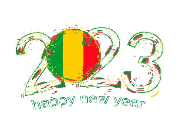 Ano de 2023 em estilo grunge com bandeira do Mali