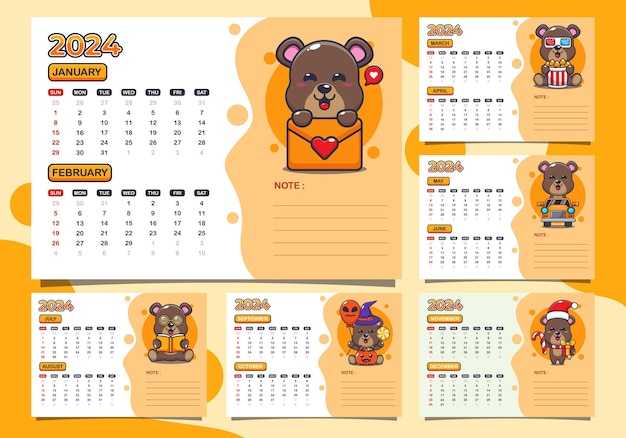 Vetor ano de calendário 2024 com personagem de urso bonito