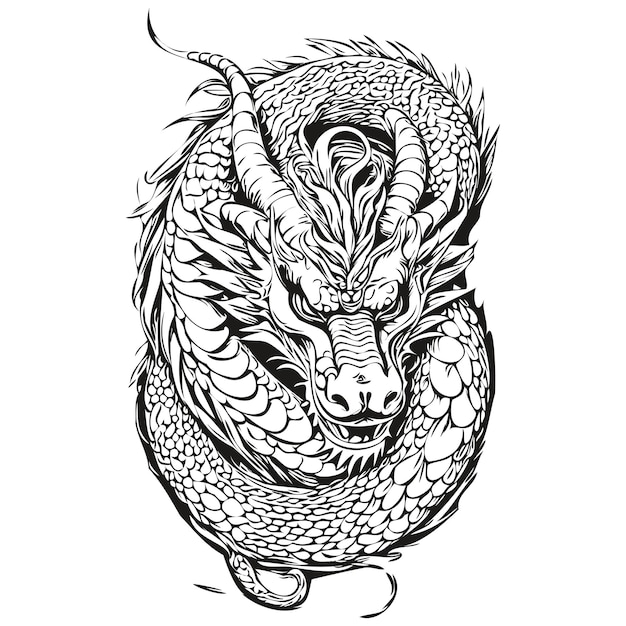 Vetor ano do dragão gravura vintage e esboço desenhado à mão preto e branco isolado tinta vetorial esboços modelo para cartão de saudação cartaz logotipo de convite