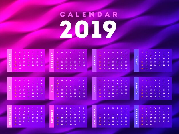 Ano novo 2019, calendário.