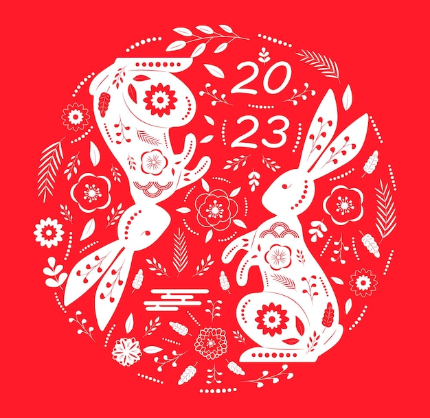 Vetor ano novo chinês 2023 coelhinhos de natal vermelho símbolo do ano novo de acordo com o leste