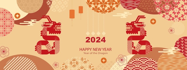 Ano novo chinês 2024 ano do dragão zodíaco modelo de banner do ano novo chinês com dragão e padrões tradicionais ilustração vetorial de design plano