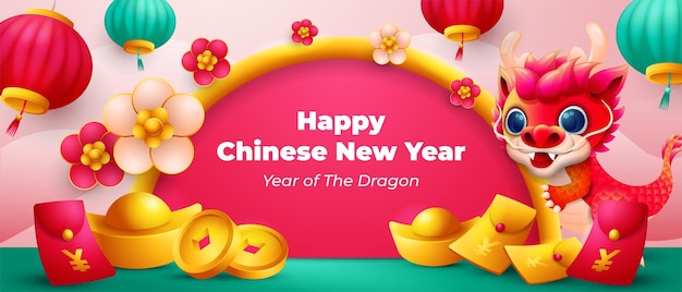 Vetor ano novo chinês bandeira horizontal com pequeno dragão pendurado lanterna lingotes de ouro e moedas