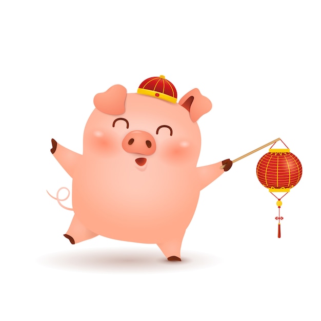 Ano novo chinês. bonito dos desenhos animados personagem porco com lanterna vermelha chinesa tradicional festiva, isolada no fundo branco. o ano do porco. zodíaco do porco.