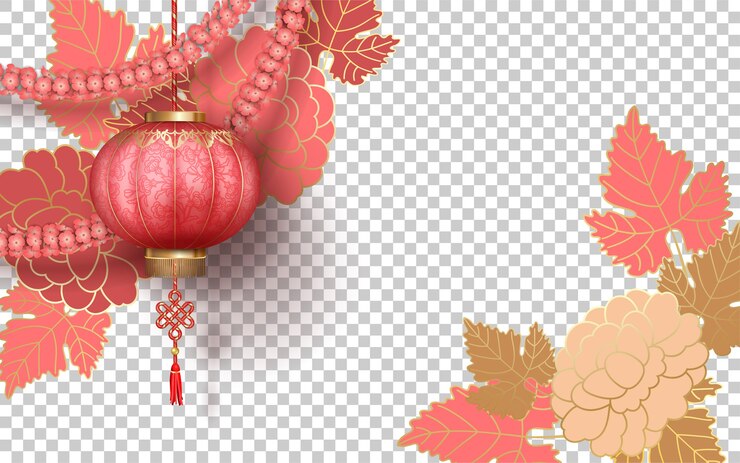 Vetor ano-novo chinês com lanternas decorativas com flores de peônia e guirlanda de flores