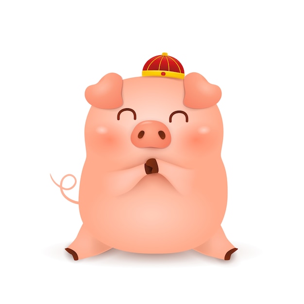 Ano novo chinês de 2019. design de personagens de porco bonito dos desenhos animados com chapéu vermelho chinês tradicional