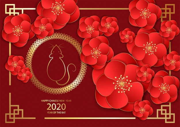 Ano novo chinês design de cartão de vetor festivo com rato, símbolo do zodíaco do ano 2020