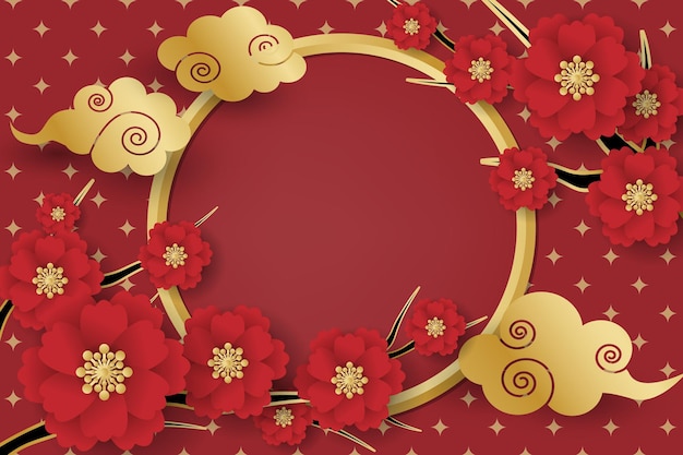 Ano novo chinês festival banner desenho ramos de flores e nuvens sobre fundo vermelho com moldura