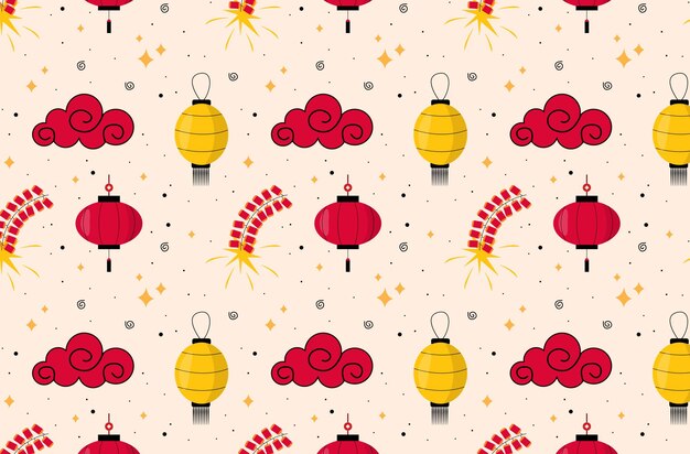 Ano Novo Chinês. Padrão com lanternas chinesas, fogos de artifício e nuvens