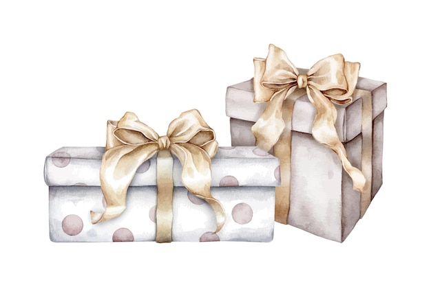 Ano novo e aniversário beige e branco com pontos polka caixas de presente com laços dourados aquarela ilustração de desenho à mão em fundo branco isolado elemento para festivais de design ou cores pastel de casamento