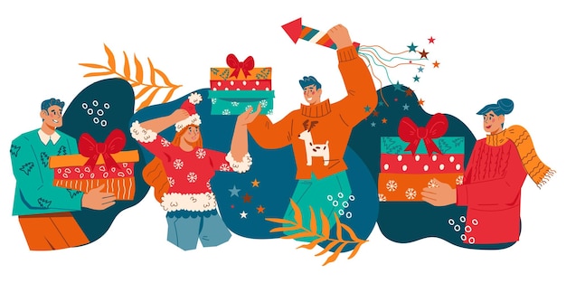 Ano Novo e festa de Natal ou bash Pessoas felizes celebrando o vetor isolado