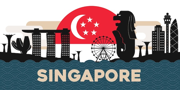 Antecedentes singapura tem marcos e ilustração de bandeiras nacionais paisagem de singapura