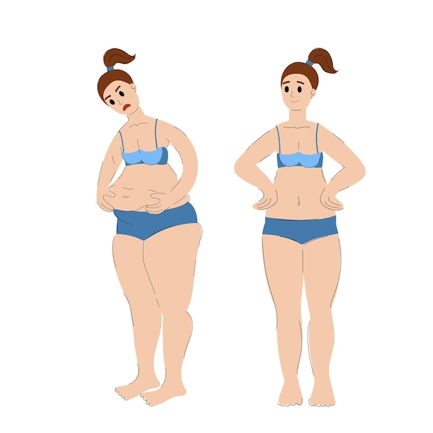 Antes e depois de ganho de peso e perda de peso ilustração vetorial de estoque de mulher magra e gorda