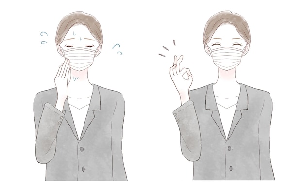 Vetor antes e depois de mulheres que sofrem de fumaça devido ao uso de máscara.