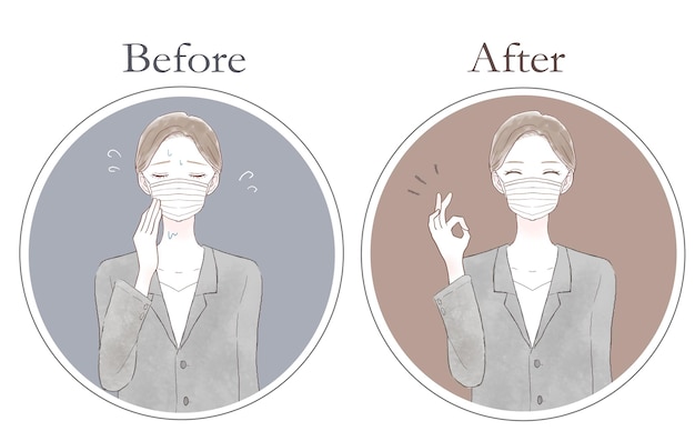 Vetor antes e depois de mulheres que sofrem de fumaça devido ao uso de máscara.