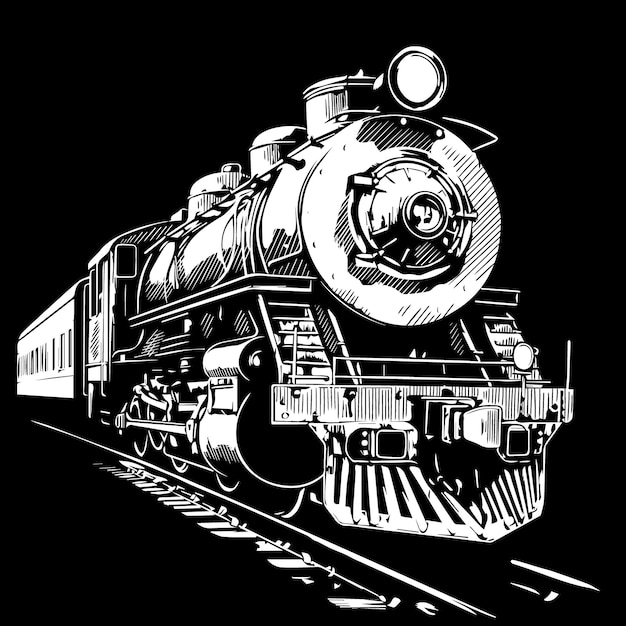 Antiga locomotiva a vapor sobre trilhos vector logotipo isolado em fundo preto