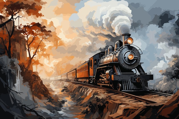 Vetor antiga locomotiva digital pinturas paisagem em vetor