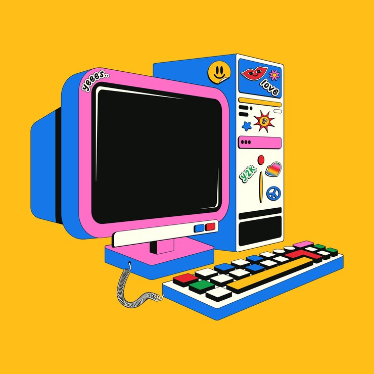 Antigo computador retro no estilo Y2k Ilustração vetorial colorida de um computador rosa em isometria coberta