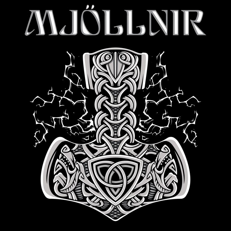 Vetor antigo design escandinavo thors martelo mjolnir com cabeças de lobo relâmpago e um celta escandinavo
