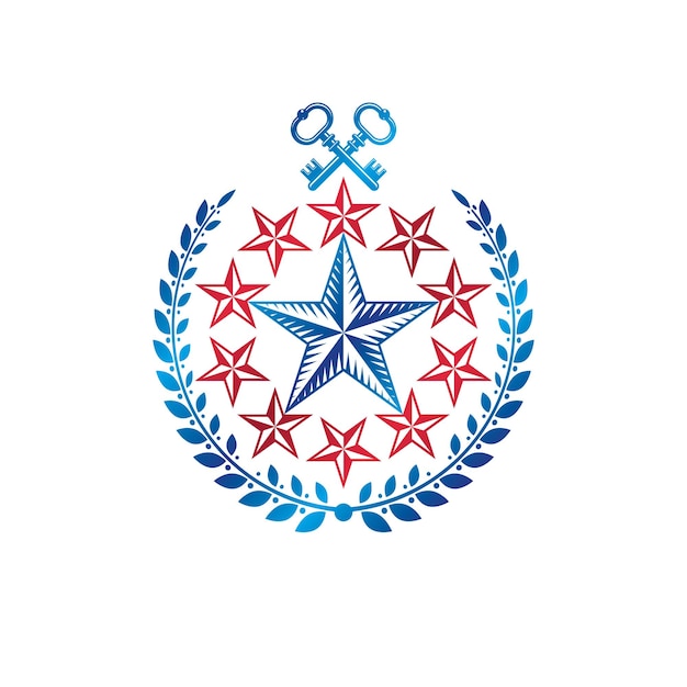 Antigo emblema estrela pentagonal decorado com chaves e coroa de louros, tema de segurança. elemento de design vetorial heráldico, símbolo de guarda. rótulo de estilo retrô, logotipo de heráldica.