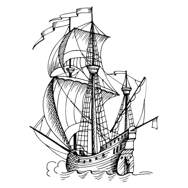 Antigo esboço vetorial desenhado à mão de caravela de barco à vela vintage