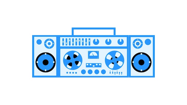Vetor antigo gravador de fita cassete de música vintage azul retrô com fita magnética em bobinas e alto-falantes