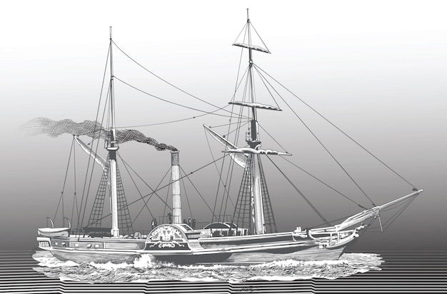 Antigo navio à vela em estilo gráfico retrô de selos postais de jornais antigos e cartão de felicitações