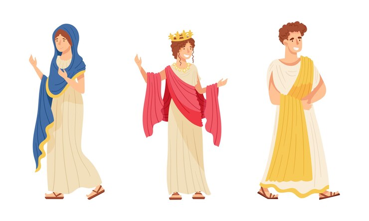 Vetor antigo povo romano definido homem e mulher cidadãos romanos em roupas tradicionais ilustração vetorial de desenho animado