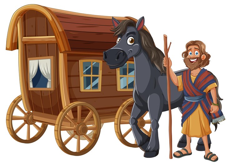 Vetor antigo viajante com cavalo e carro