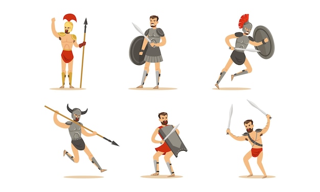 Antigos guerreiros colocam soldados gregos, romanos e espartanos em armaduras Ilustração vetorial de desenho animado