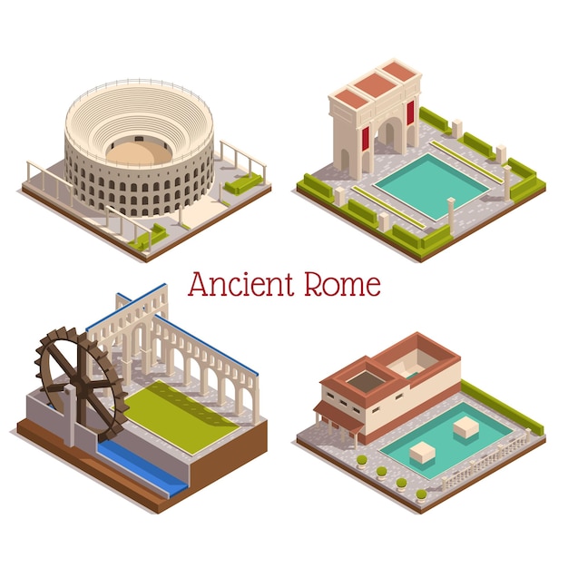 Antigos marcos de Roma 4 composição isométrica com ilustração da roda do moinho de madeira do arco do triunfo do fórum do tabularium do coliseu