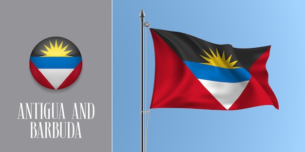 Vetor antígua e barbuda acenando uma bandeira no mastro e ilustração do ícone redondo