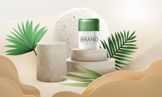 Anúncio cosmético Banner realista com pedestal de elementos da natureza com textura de concreto e beleza produto cosmético para cuidados com a pele Promoção comercial de vetores banner bonito cuidado natural para mulher