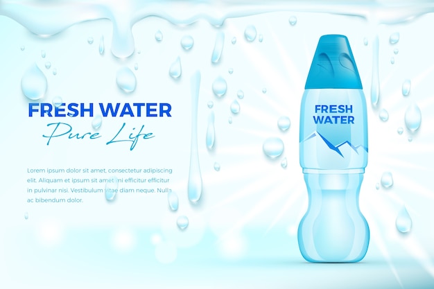 Vetor anúncio de água mineral com elementos de gota de água, ilustração de garrafa de plástico 3d