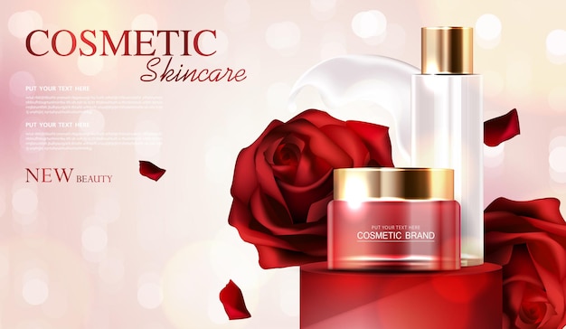 Anúncio de banner de essência cosmética, produto para a pele ou modelo de frasco de loção para produtos de beleza