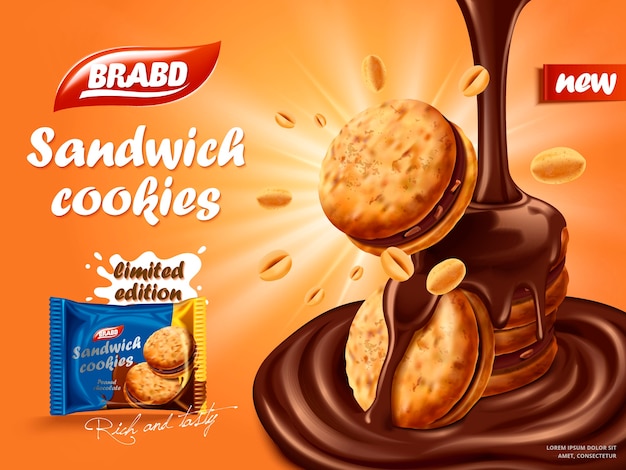 Anúncio de biscoitos de chocolate em sanduíche, chocolate esvoaçante com elemento de biscoitos e nozes, design de embalagem de biscoito